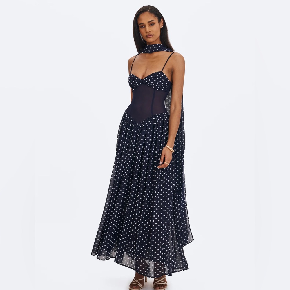 Navy Blue Polka Dot Chiffon Maxi